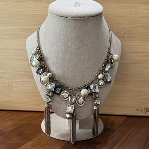 NWT Ann Taylor Gold Tone Clear & Smoky Rhinestone Dangle Cocktail Necklace